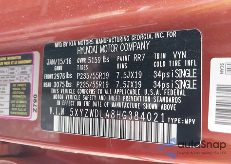 2017 Hyundai Santa Fe Sport 2.0T Ultimate from USA, damaged, VIN 5XYZWDLA8HG384021